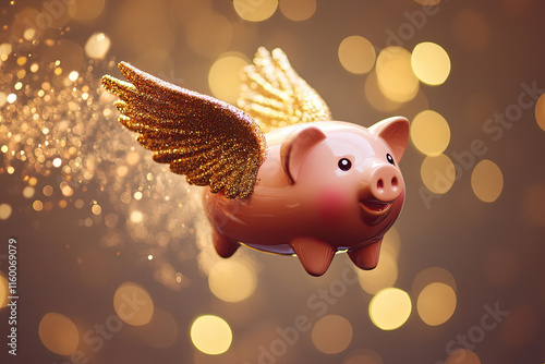 A piggy bank with wings, flying away with a trail of glitter photo