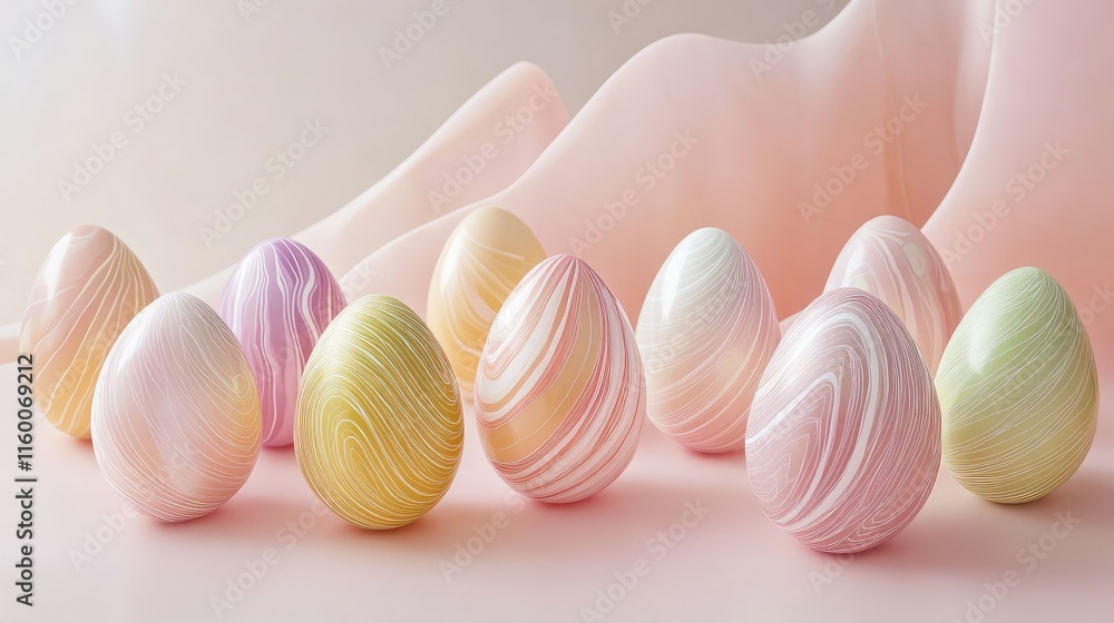 Colorful Swirled Easter Eggs Displayed on a Soft Pastel Background Colorful Swirled Easter Eggs Displayed on a Soft Pastel Background