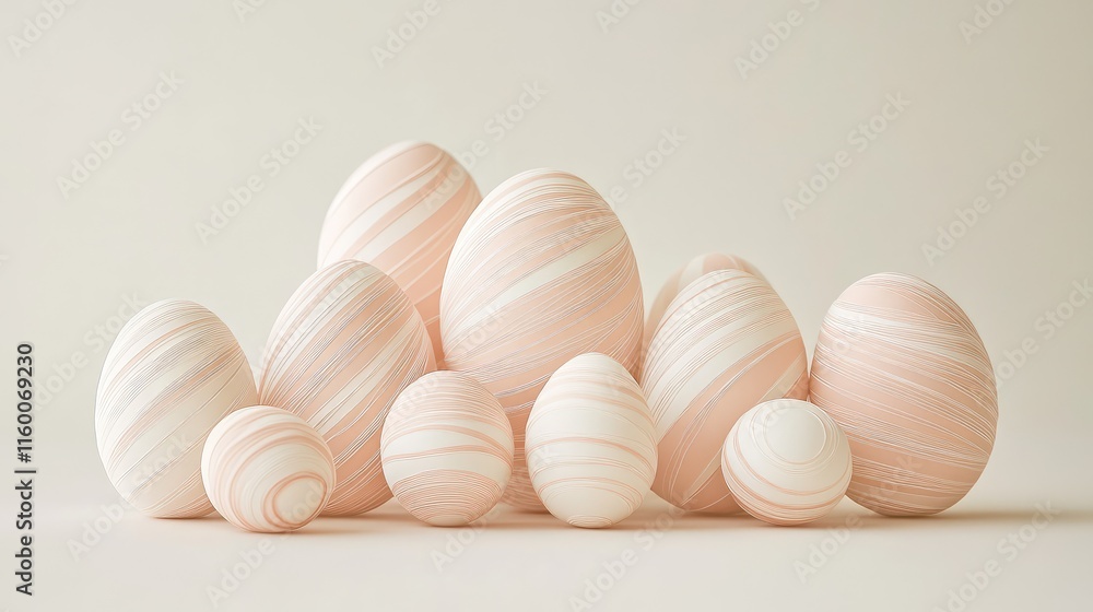 Decorative Pastel Eggs with Stripes on a Minimal Background Decorative Pastel Eggs with Stripes on a Minimal Background