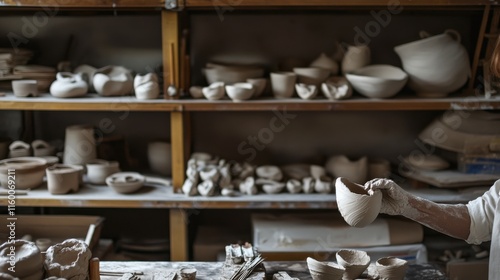 Wallpaper Mural A tranquil pottery workshop with shelves of sculpted clay vessels, Pottery tools arranged amidst the creative chaos, Artisanal pottery style Torontodigital.ca