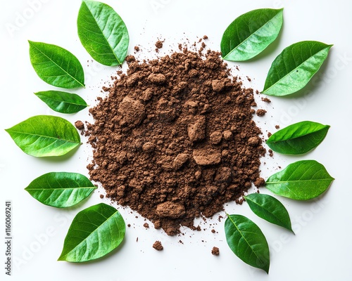 EARTH DAY written in vibrant brown soil on a white background, surrounded by fresh green leaves, symbolizing nature and environmental awareness photo