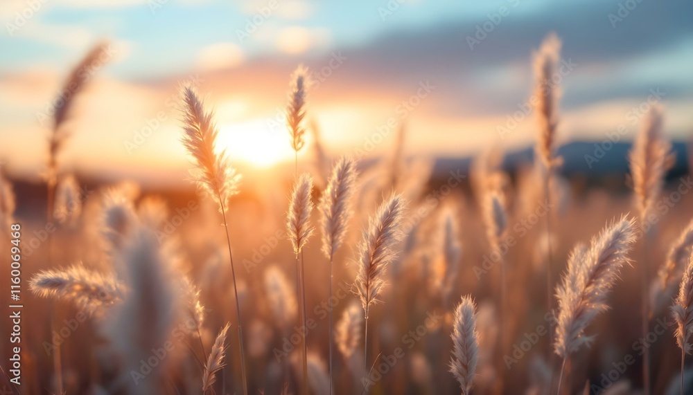 Fototapeta premium Pretty dry grass at sunset. Wheat ears dry grass summer trees sunset nature fresh air lifestyle. Pennisetum flower in the warm sunset. Field of dry yellow grass in warm sunlight at sunset in autumn