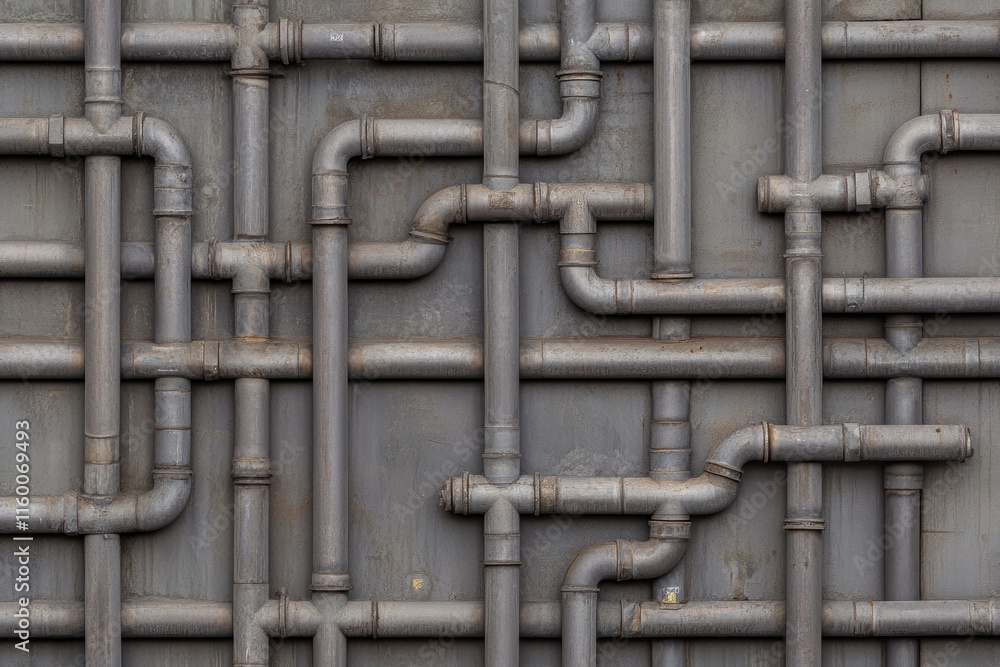 Intricate Industrial Pipes Design on a Gray Wall Intricate Industrial Pipes Design on a Gray Wall