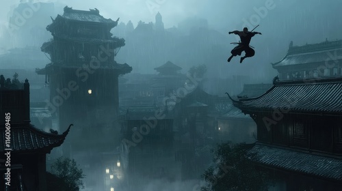 Mysterious Ninja Leaping Over Ancient Cityscape in Rainy Night photo