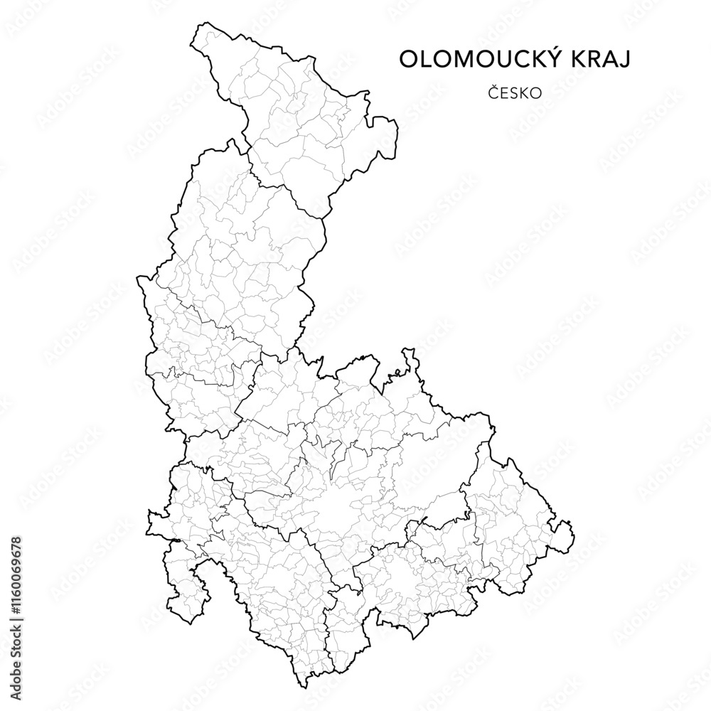 Obraz premium Political Map of the Olomouc Region (Olomoucký kraj) with Districts (Okres), AD MEC (SO ORP), AD CLA (SO POU) and Municipalities (Obcí) as of 2024 - Czechia/Czech Republic (Česko) - Vector Map