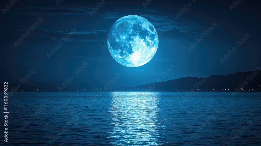 A luminous blue moon reflecting on a tranquil ocean at night. A luminous blue moon reflecting on a tranquil ocean at night.