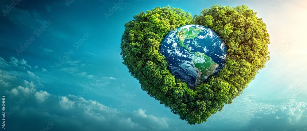 Fototapeta premium A captivating Earth Day concept with planet Earth in the shape of a heart, surrounded by vibrant forests, clean oceans, and a bright blue sky, symbolizing environmental love