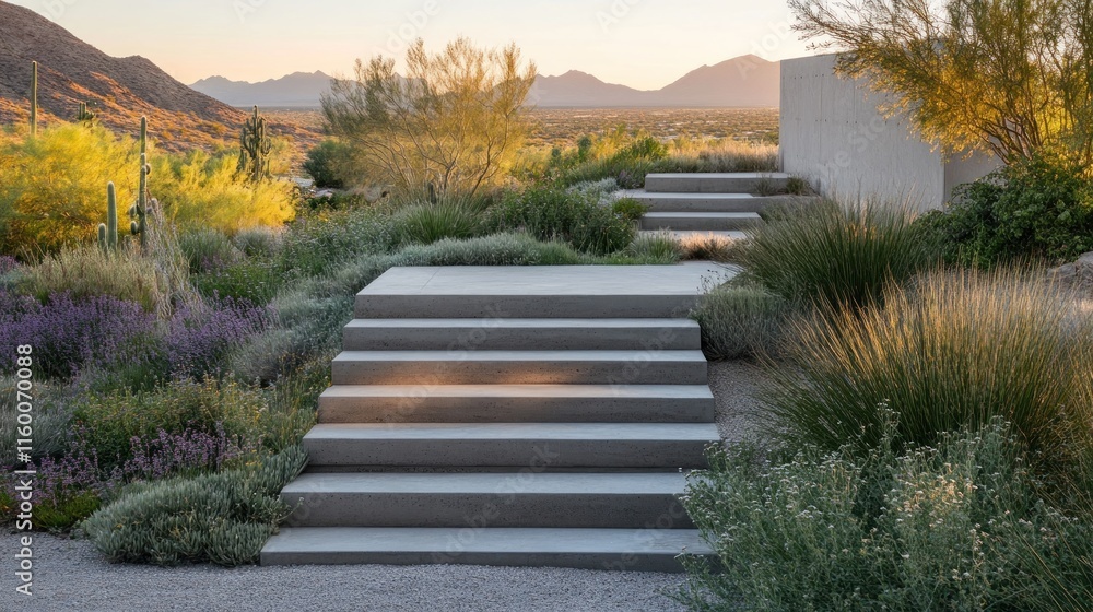 Fototapeta premium Massive concrete stairs ascending through desert shrubs, minimalist landscaping design, sunset glow
