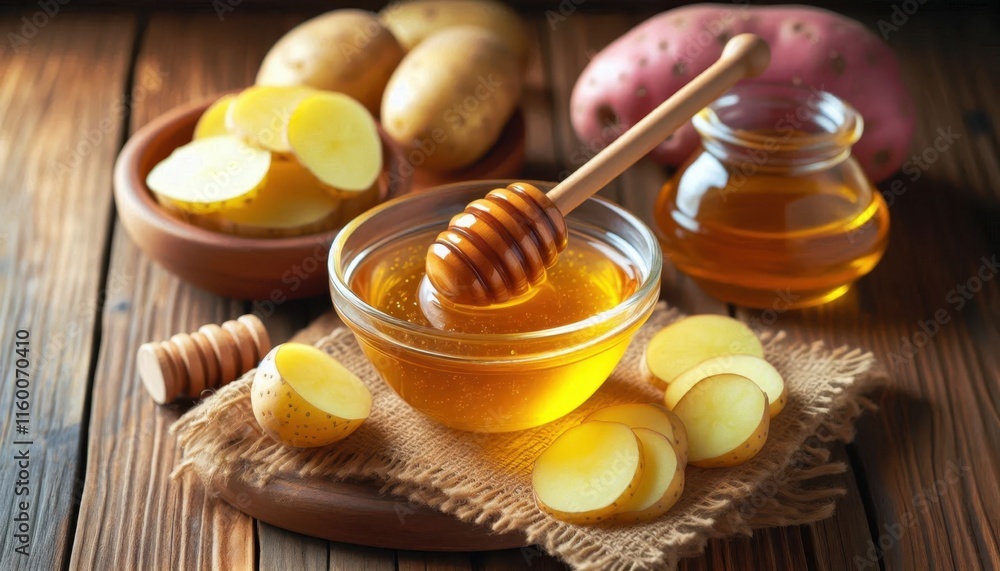 Honey in glass bowl, golden hour lighting, rustic wooden table, lemon slices, tea cup, honey dipper, fresh bread rolls, warm tones, soft focus, food photography, cozy atmosphere, natural ingredients, Honey in glass bowl, golden hour lighting, rustic wooden table, lemon slices, tea cup, honey dipper, fresh bread rolls, warm tones, soft focus, food photography, cozy atmosphere, natural ingredients,