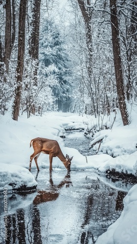 Wallpaper Mural Deer Drinking Water in Snowy Forest Landscape during Winter Season Torontodigital.ca