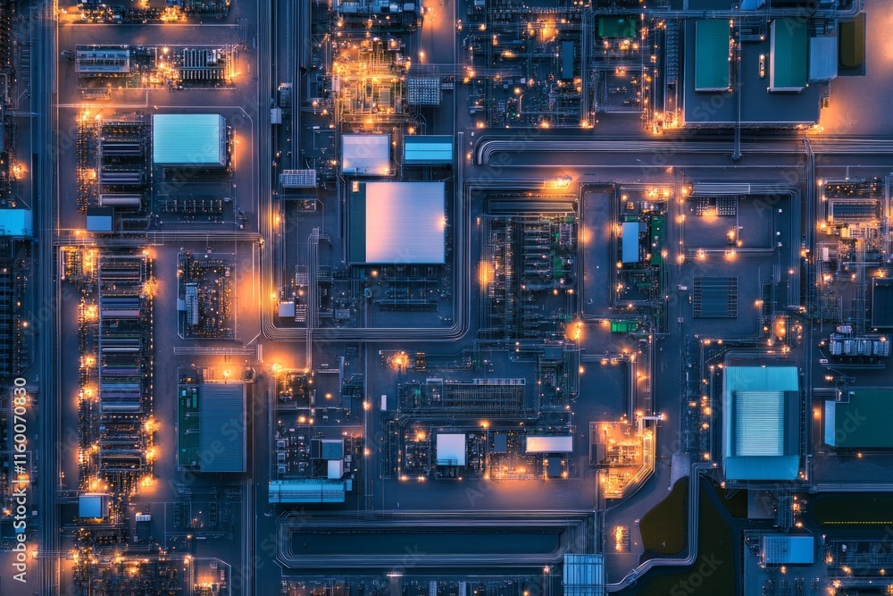 Aerial View of a Modern Industrial Complex at Night Aerial View of a Modern Industrial Complex at Night