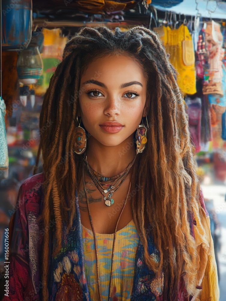 portrait of a woman adorned in a boho-chic ensemble in a colorful and eclectic urban market, portrait of a woman adorned in a boho-chic ensemble in a colorful and eclectic urban market,