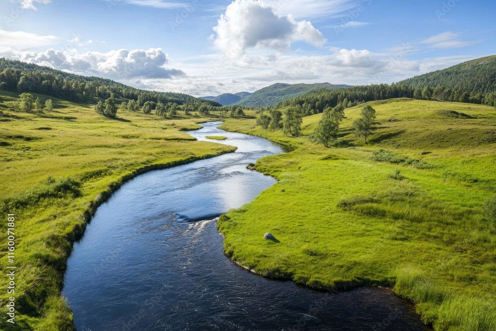 Serene River Winding Through Lush Green Valley Landscape Serene River Winding Through Lush Green Valley Landscape