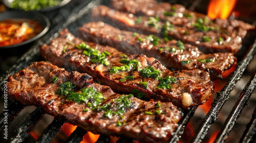 Grilled Steak with Fresh Herb Garnish Over Fiery Charcoal Grill Grilled Steak with Fresh Herb Garnish Over Fiery Charcoal Grill