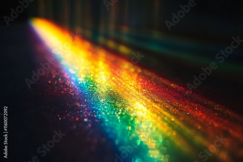 Sparkling rainbow light beam on dark surface. photo