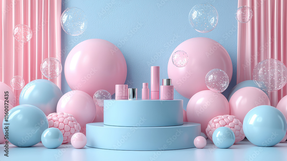 Pastel Dreams: A whimsical display of skincare products, nestled amidst floating pastel balloons and geometric shapes. Perfect for showcasing beauty products. Pastel Dreams: A whimsical display of skincare products, nestled amidst floating pastel balloons and geometric shapes. Perfect for showcasing beauty products.