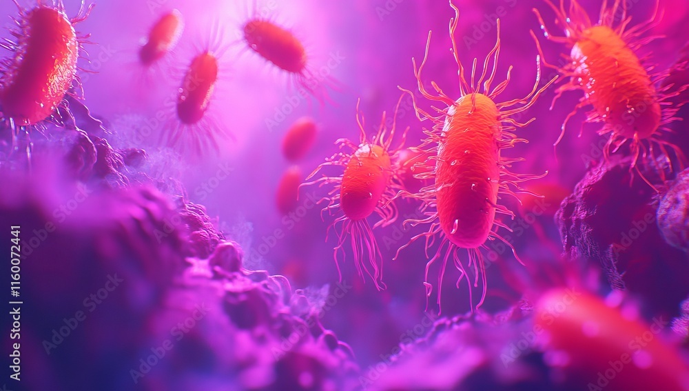 Microscopic view of bacteria swarming in vibrant pink hues. Microscopic view of bacteria swarming in vibrant pink hues.