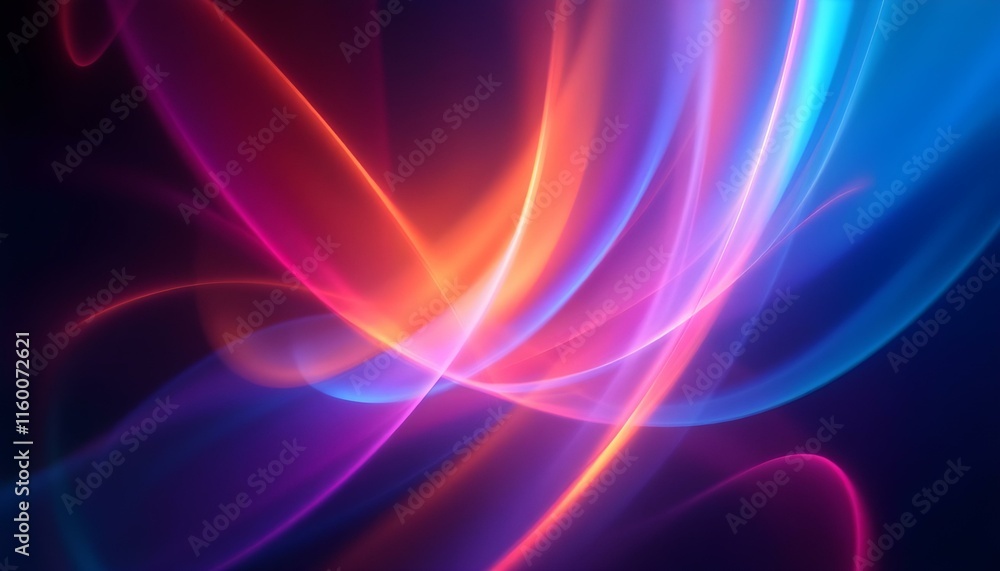 Fototapeta premium Various abstract light trails against a black background. A dynamic abstract background of overlapping neon light trails in various colors, set against a black backdrop. Abstract blue wave background