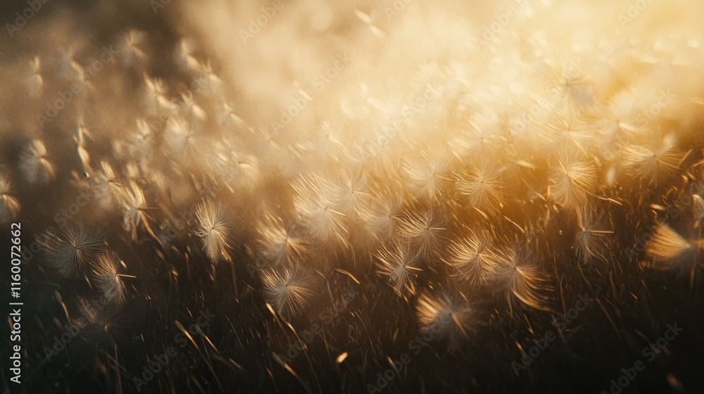 Obraz premium Golden hour backlit dandelion seeds blowing in wind.
