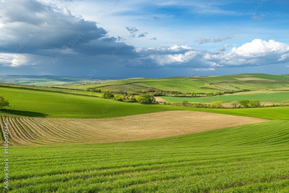 Serene Rolling Hills and Lush Green Fields Under a Dramatic Sky Serene Rolling Hills and Lush Green Fields Under a Dramatic Sky