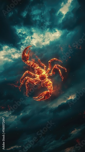 Fiery Scorpion Against Dramatic Cloudy Sky Background photo