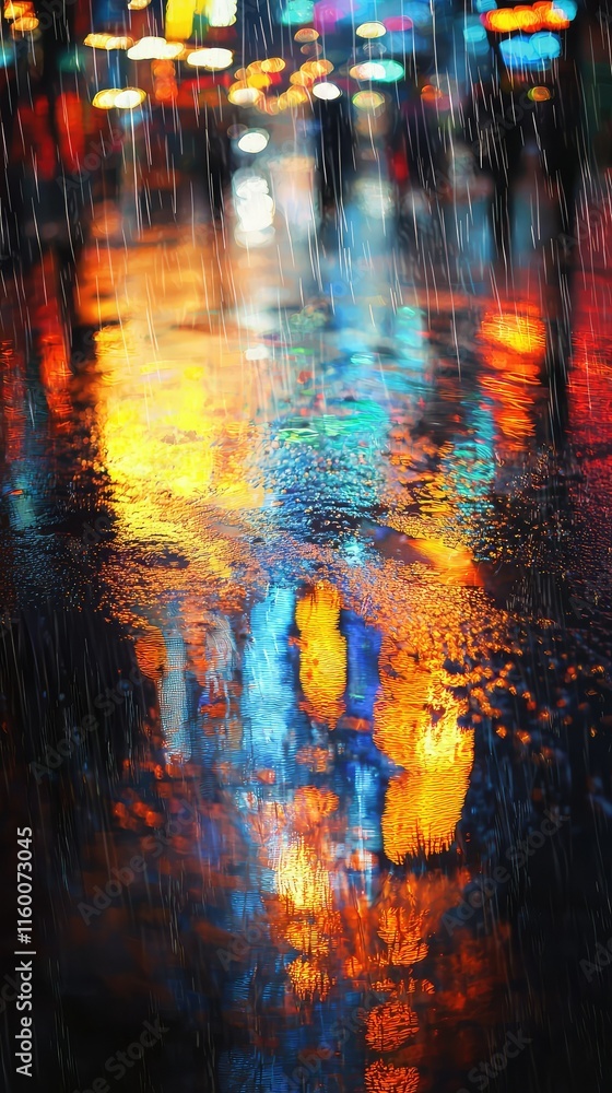 Naklejka premium Colorful Reflections on Wet Pavement After Rainy Evening in City