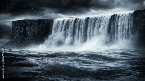 Dramatic waterfall cascading into a stormy sea.