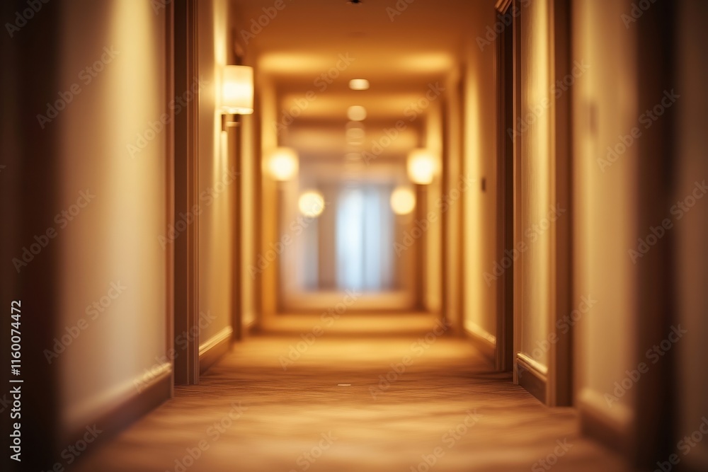 Fototapeta premium Warm-lit hotel corridor with doors and wall lights. Illustrates luxury, calm ambiance, and hotel interiors.