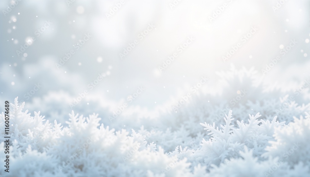 Fototapeta premium Snow-covered landscape with delicate snowflakes and soft sunlight in a winter wonderland