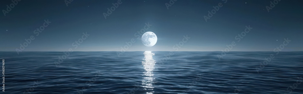 Serene Moonlit Night. Tranquil natural environment with a full moon shining in the sky Serene Moonlit Night. Tranquil natural environment with a full moon shining in the sky