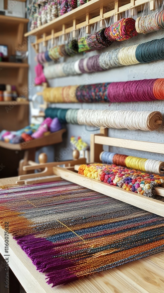 Vibrant Threads and Loom in Cozy Craft Studio Setting with Colorful Yarn Vibrant Threads and Loom in Cozy Craft Studio Setting with Colorful Yarn
