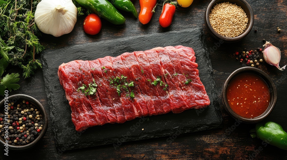 Fresh Raw Meat with Vegetables and Spices on Dark Wooden Table Fresh Raw Meat with Vegetables and Spices on Dark Wooden Table