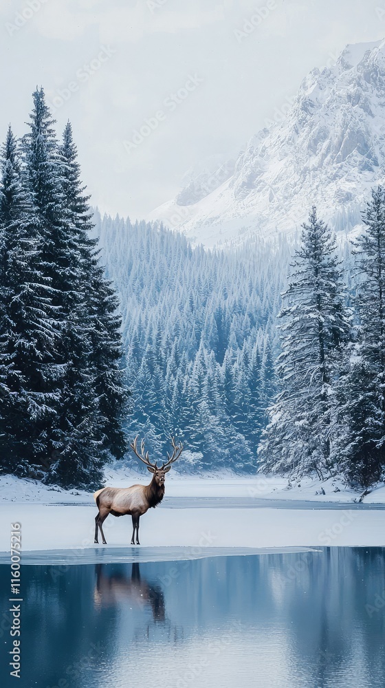 Fototapeta premium Majestic Elk Standing in Snowy Landscape Near Tranquil Lake