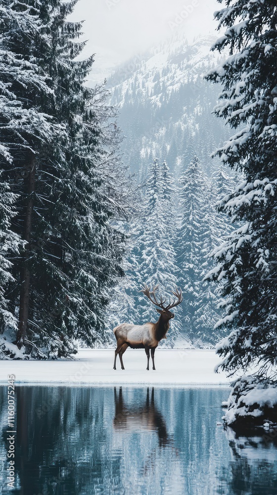 Majestic Elk Stands on Frozen Lake Surrounded by Snowy Pines Majestic Elk Stands on Frozen Lake Surrounded by Snowy Pines