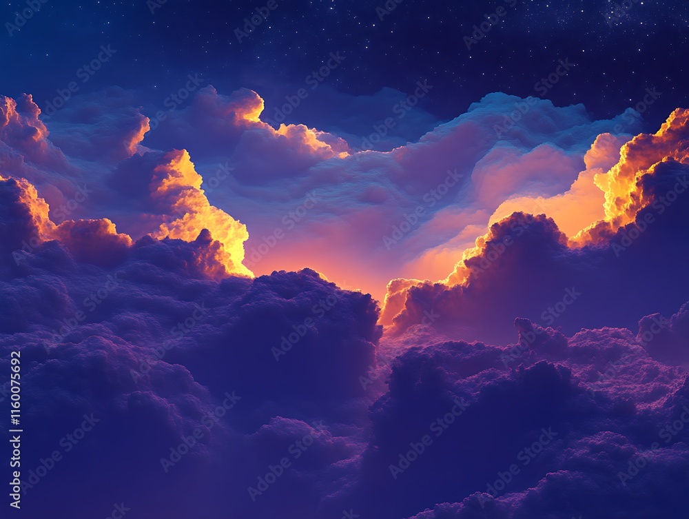 Fototapeta premium Golden Sunset Cloudscape Above Night Sky Stars