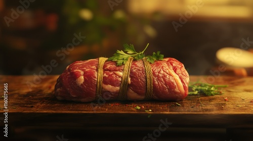 Wallpaper Mural A fresh raw flank steak rolled and tied with twine, resting on a rustic cutting board with a sprig of parsley, lifelike and sharp in 4K. Torontodigital.ca