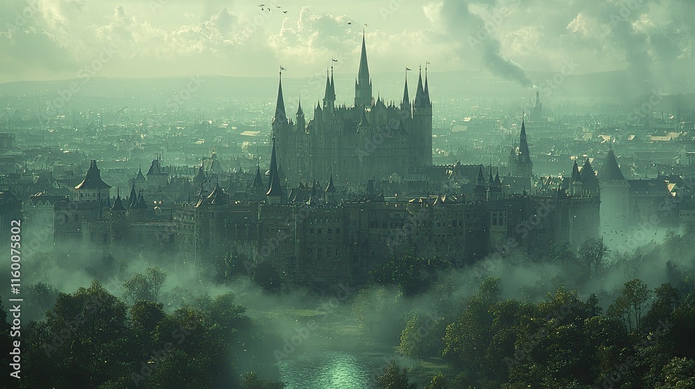 Fototapeta premium A majestic castle shrouded in mist, surrounded by a vast landscape.