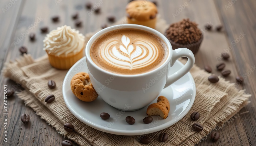 Coffee cup with swirled cream surrounded by cake and cookies. Coffee cup with swirled cream surrounded by cake and cookies.