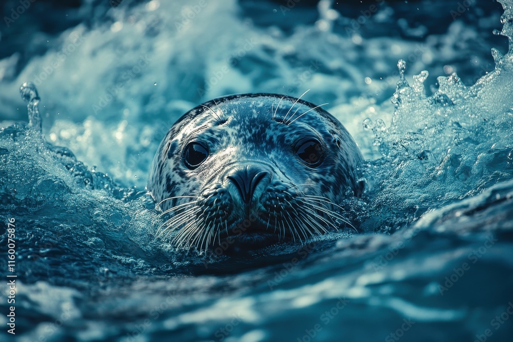 Fototapeta premium A harbor seal emerges from the ocean's depths, its dark eyes piercing through the blue water. Perfect for wildlife documentaries, nature websites, or marine conservation projects.