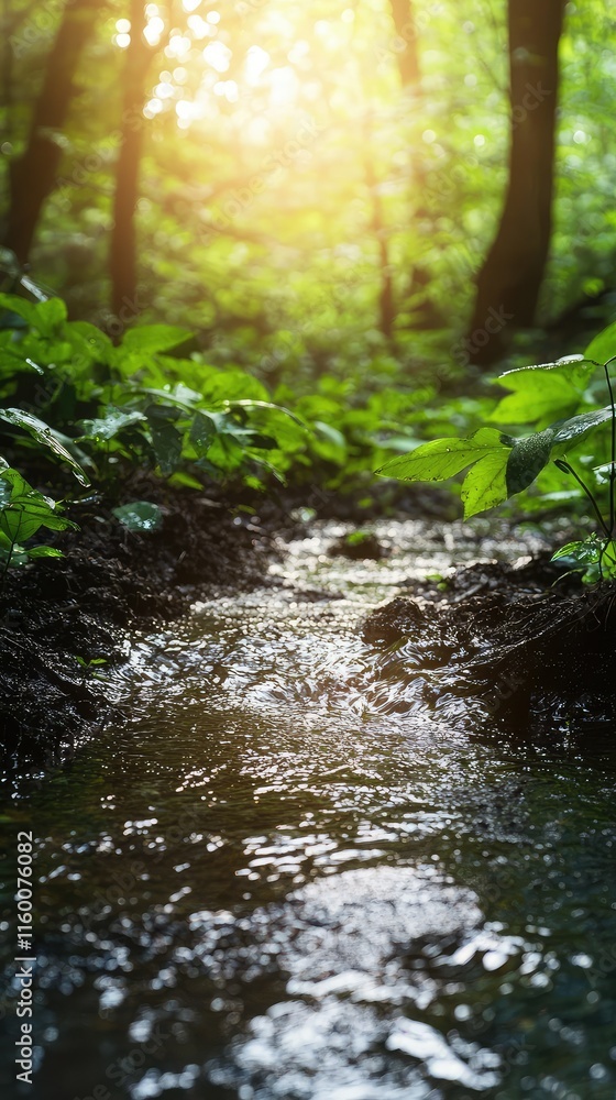 Fototapeta premium Sunlit Stream Flowing Through Lush Green Forest in Tranquil Setting