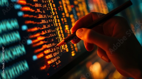  C# code, hand with pencil points c sharp programming language code on monitor