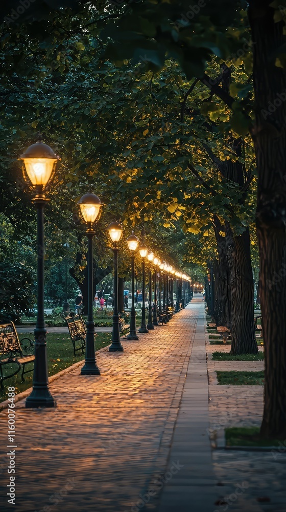 Obraz premium Serene Evening Stroll Along Tree-Lined Path with Street Lamps
