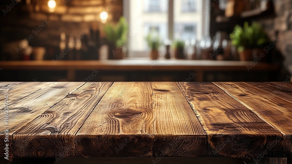 Rustic wooden table in blurred kitchen background. (1) Rustic wooden table in blurred kitchen background. (1)