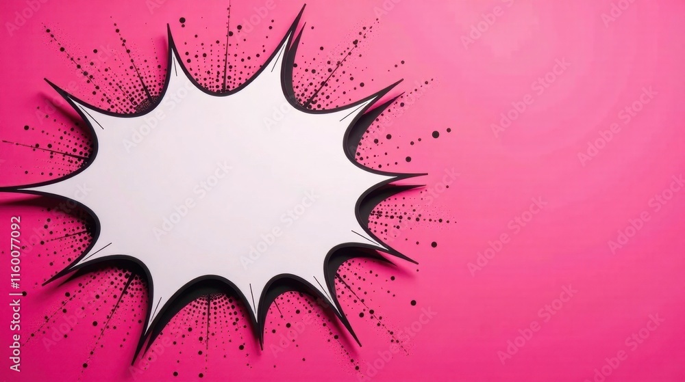 A Vibrant Pink Background Featuring a Striking White Speech Bubble with Bold Black Outlines and Dynamic Halftone Effects, Ideal for Creative Projects and Designs A Vibrant Pink Background Featuring a Striking White Speech Bubble with Bold Black Outlines and Dynamic Halftone Effects, Ideal for Creative Projects and Designs
