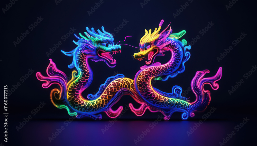 Obraz premium Vibrant neon dragons symbolizing power and harmony in culture.