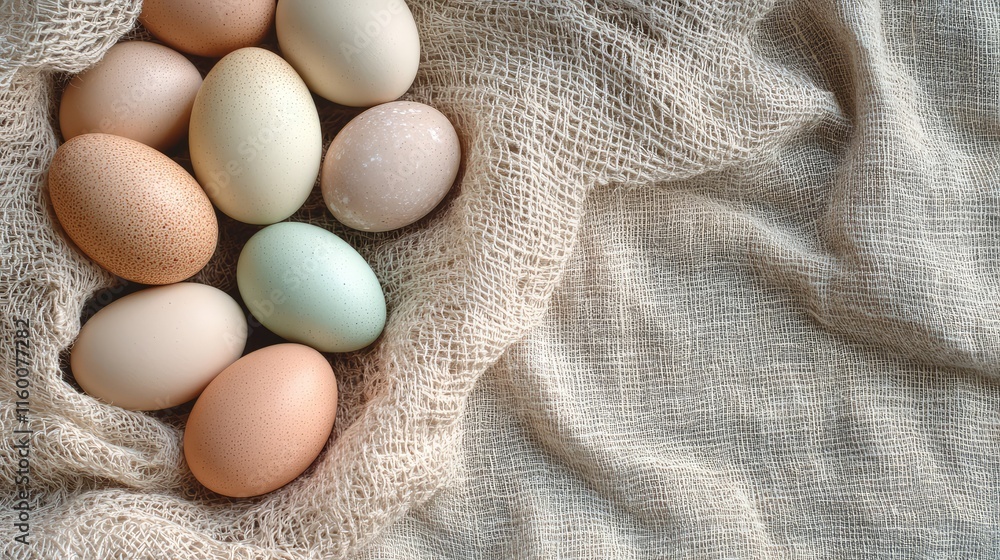 Nest of Fresh Eggs on Natural Fabric Background in Soft Light Nest of Fresh Eggs on Natural Fabric Background in Soft Light