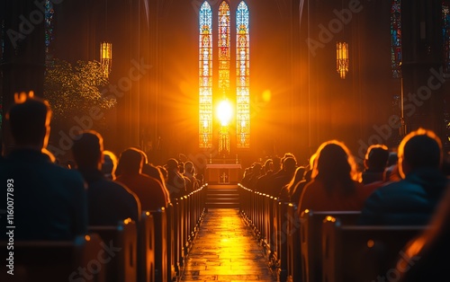 Congregation in prayer under the soft glow of morning light through stained glass, creating a harmonious and spiritual scene photo