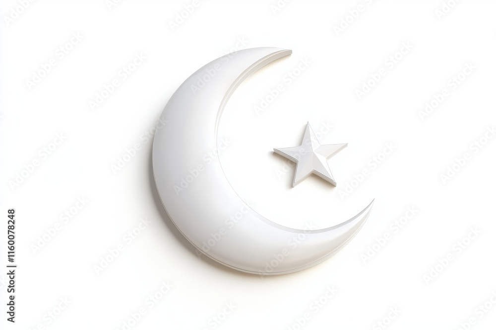 3D Crescent Moon and Star Isolated and White Background