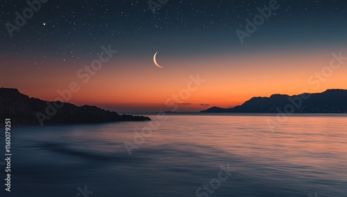 Serene crescent moon over calm ocean at sunset.