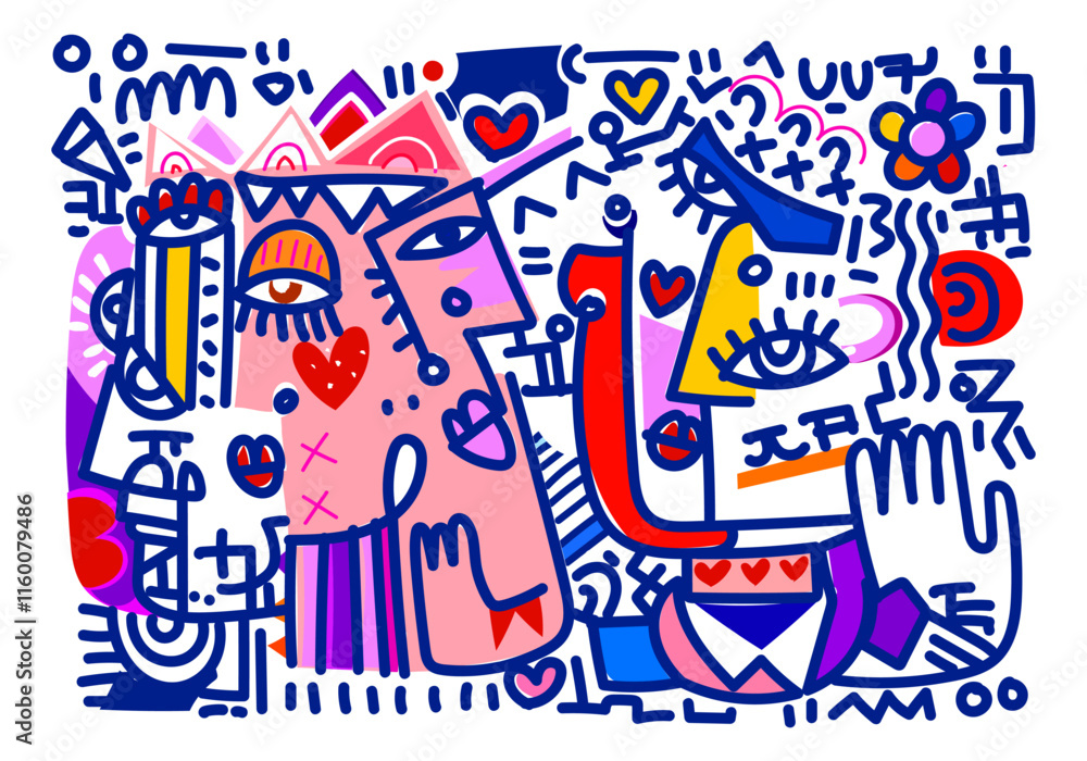 Fototapeta premium abstract hand drawing face portrait doodle geometric decorative outlines vector illustration. Line art aesthetic design for wall art, prints, cards, poster, decoration, bannner.